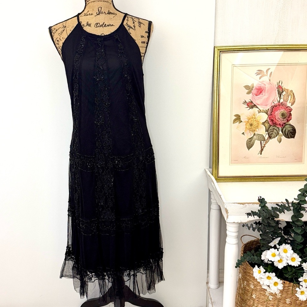 Vintage Sténay Black Beaded Mesh Midi Dress Sz 12 Vintage